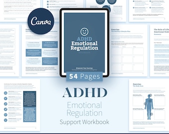 ADHS Arbeitsbuch zur emotionalen Regulierung, 54-seitige Canva Coaching & Therapie-Tools, ADHS Arbeitsblätter, bearbeitbares eBook, digitaler Download