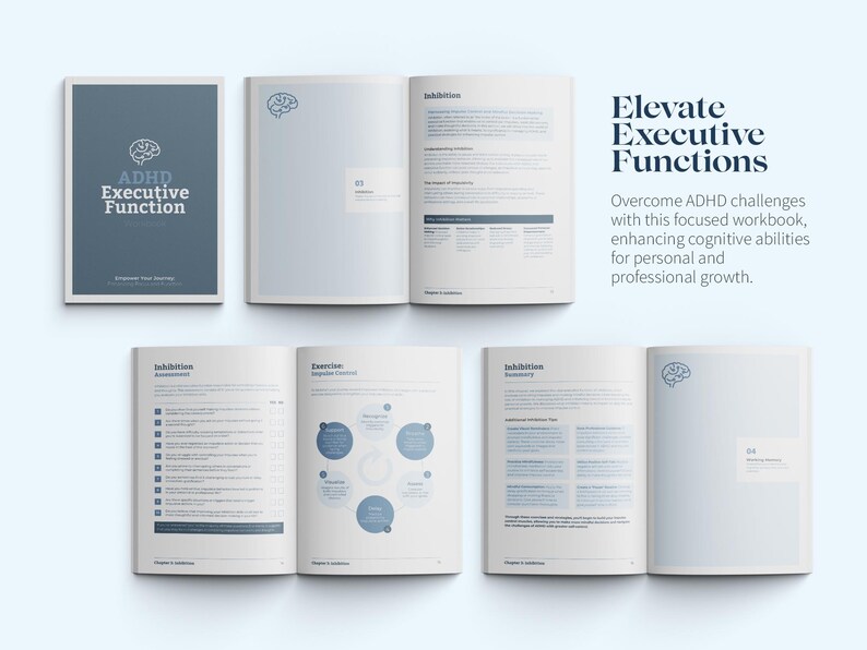 May include: A workbook titled "ADHD Executive Function" with an open layout. The cover is a dark teal with white text and a brain graphic. The open pages display content with blue accents and diagrams. Text on the right says "Elevate Executive Functions".