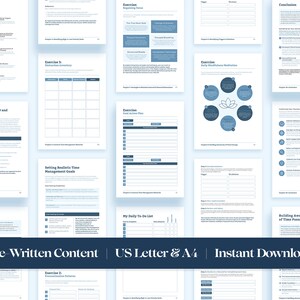 May include: A workbook with a blue and white design, titled "Understanding ADHD and Time Management". The workbook includes exercises, instructions, and a conclusion. The text "Pre-Written Content | US Letter & A4 | Instant Download" is displayed at the bottom of the page.