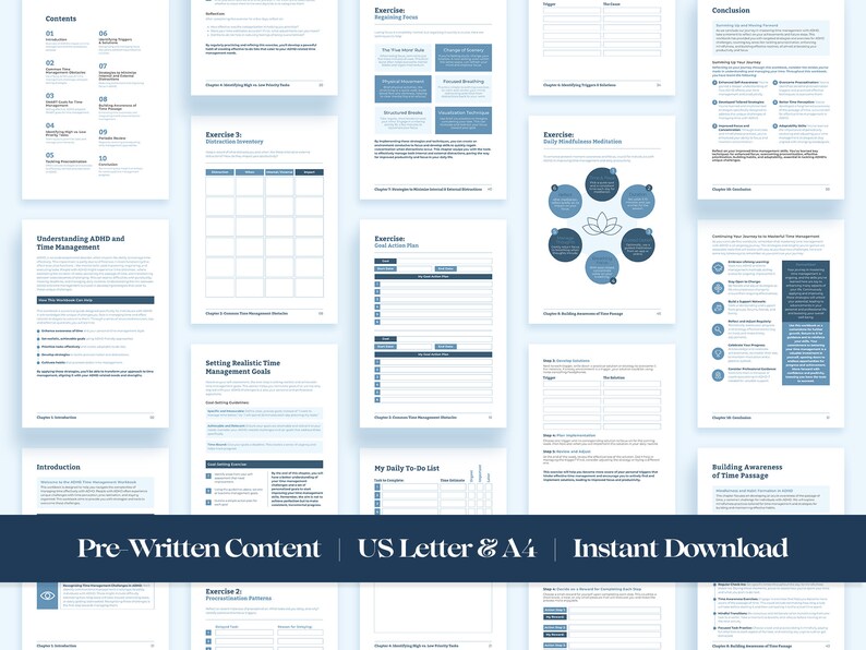 May include: A workbook with a blue and white design, titled "Understanding ADHD and Time Management". The workbook includes exercises, instructions, and a conclusion. The text "Pre-Written Content | US Letter & A4 | Instant Download" is displayed at the bottom of the page.