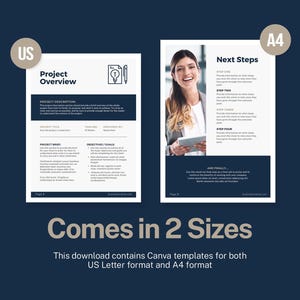 May include: A digital template for project overview and next steps, available in US Letter and A4 sizes. The design features a lightbulb icon, a pen, and a photo of a smiling woman holding a tablet. The text includes "Project Overview" and "Next Steps."