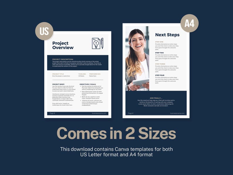May include: A digital template for project overview and next steps, available in US Letter and A4 sizes. The design features a lightbulb icon, a pen, and a photo of a smiling woman holding a tablet. The text includes "Project Overview" and "Next Steps."