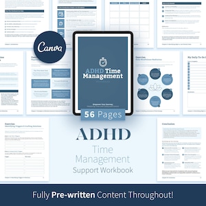 ADHD Time Management Workbook, 57-Page Adult ADHD Canva eBook, Focus & Productivity Therapy Tools, Coaching Planner, Editable Template image 1