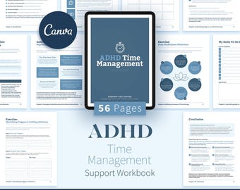 Caderno de Exercícios de Gestão de Tempo para TDAH, Planejador de Blocos de Tempo, Foco e Produtividade de 57 Páginas no Canva