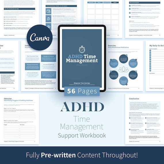 ADHD Time Management Workbook, 57-Page Adult ADHD Canva eBook, Focus & Productivity Therapy Tools, Coaching Planner, Editable Template