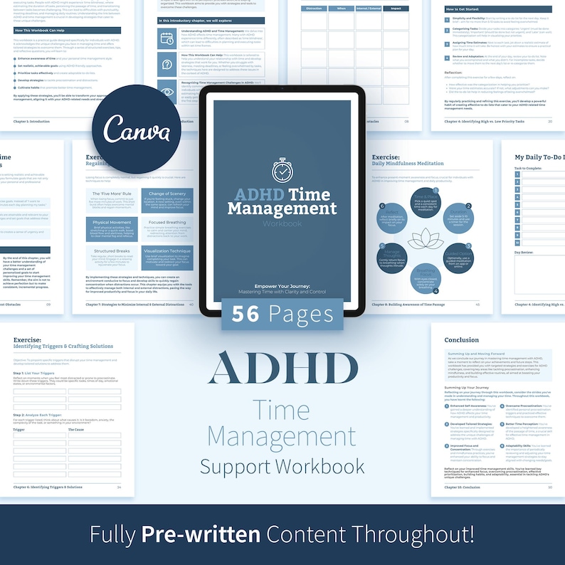 ADHD Time Management Workbook, 57-Page Adult ADHD Canva eBook, Focus & Productivity Therapy Tools, Coaching Planner, Editable Template image 1
