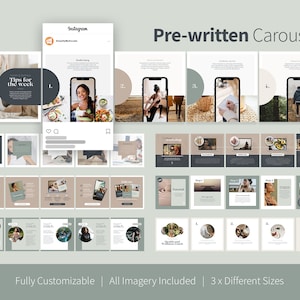 May include: A collection of pre-written Instagram carousel templates for coaches. The templates feature a variety of images and text, including tips for the week, a workshop, and a tutorial. The templates are fully customizable and include all imagery.
