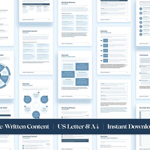 May include: A collection of digital workbook pages with a blue and white color scheme. The pages contain text, diagrams, and titles such as "Contents", "Working Memory", and "Emotional Control". The text "Pre-Written Content US Letter & A4 Instant Download" is displayed.
