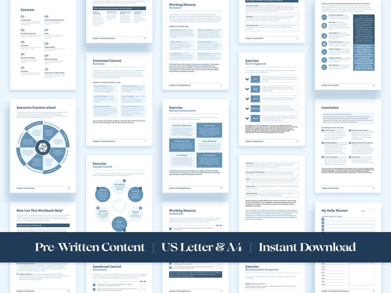 May include: A collection of digital workbook pages with a blue and white color scheme. The pages contain text, diagrams, and titles such as "Contents", "Working Memory", and "Emotional Control". The text "Pre-Written Content US Letter & A4 Instant Download" is displayed.