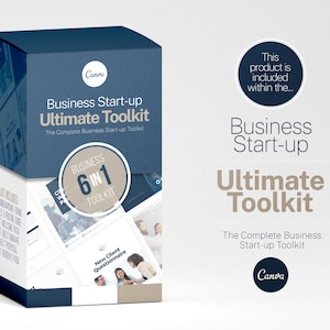 May include: A blue box with the text "Business Start-up Ultimate Toolkit" and "The Complete Business Start-up Toolkit" on the front. The box also has a circle with the text "BUSINESS 6 IN 1 TOOLKIT" and a smaller image of a new client questionnaire.