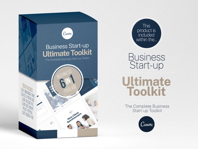May include: A blue box with the text "Business Start-up Ultimate Toolkit" and "The Complete Business Start-up Toolkit" on the front. The box also has a circle with the text "BUSINESS 6 IN 1 TOOLKIT" and a smaller image of a new client questionnaire.