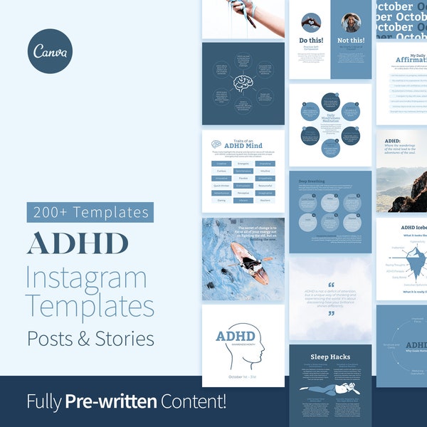 200+ ADHD Instagram Canva Templates, Mental Health Coaching, Psychologist Social Media, Therapy, Psychology, Counselor Instagram Feed