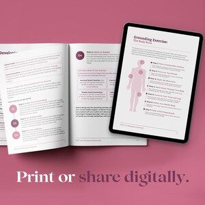 May include: An open book and a tablet display a grounding exercise guide on a pink background. The book's pages show text and diagrams. The tablet shows a body scan diagram with instructions. Text at the bottom reads "Print or share digitally."
