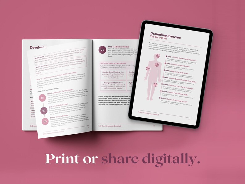 May include: An open book and a tablet display a grounding exercise guide on a pink background. The book's pages show text and diagrams. The tablet shows a body scan diagram with instructions. Text at the bottom reads "Print or share digitally."