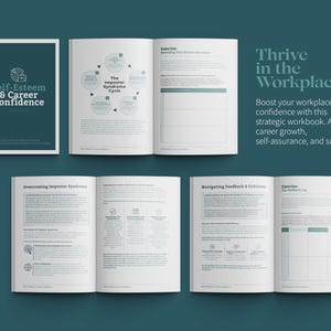 Op de afbeelding: Een werkboek met de titel "Thrive in the Workplace" met een groen-wit kleurenschema. De omslag toont de tekst "Boost your workplace confidence with this strategic workbook. Achieve career growth, self-assurance, and success."