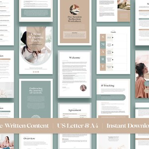 May include: A set of printable digital downloads for coaches and therapists. The pages are in a light green and brown color scheme with text that says "Client Welcome Pack", "Pre Session Reflection Worksheet", "Embracing the Journey of Growth", "Welcome", "Agreement", "Goals", "SMART", "# Tracking", "Sessions", "Steps", "Guidelines", "Overview", "Pre Written Content", "US Letter & A4", and "Instant Download".