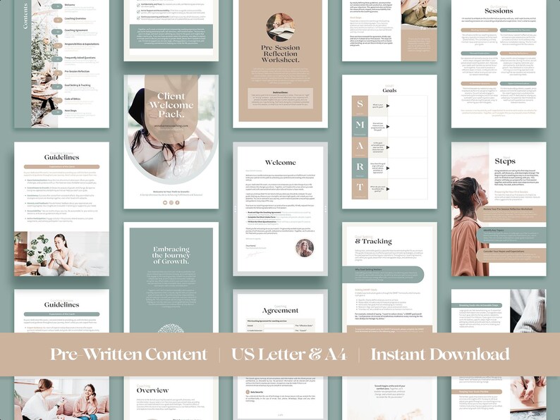 May include: A set of printable digital downloads for coaches and therapists. The pages are in a light green and brown color scheme with text that says "Client Welcome Pack", "Pre Session Reflection Worksheet", "Embracing the Journey of Growth", "Welcome", "Agreement", "Goals", "SMART", "# Tracking", "Sessions", "Steps", "Guidelines", "Overview", "Pre Written Content", "US Letter & A4", and "Instant Download".