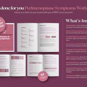 Może przedstawiać: R&oacute;żowo-biały zeszyt ćwiczeń zatytułowany "Perimenopause Symptoms Workbook" z tekstem "Fully done for you" i "Use as is or tailor to your brand with just a FREE Canva account!" Zeszyt ćwiczeń jest otwarty, aby pokazać spis treści i stronę z tytułem "Introduction". Zeszyt ćwiczeń ma 64 strony.