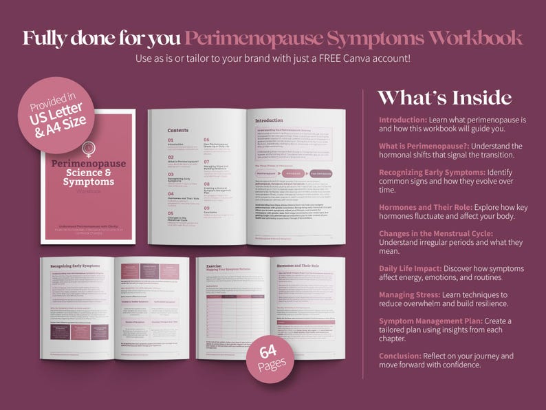 Może przedstawiać: R&oacute;żowo-biały zeszyt ćwiczeń zatytułowany "Perimenopause Symptoms Workbook" z tekstem "Fully done for you" i "Use as is or tailor to your brand with just a FREE Canva account!" Zeszyt ćwiczeń jest otwarty, aby pokazać spis treści i stronę z tytułem "Introduction". Zeszyt ćwiczeń ma 64 strony.