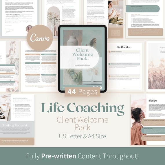 Life Coaching Client Welcome Pack, 44-Page Canva Onboarding Template, 9 Coaching Sections, Coach Client Forms, Editable Printable