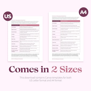 May include: A digital download with two printable documents listing common menopause symptoms. The documents are in US Letter and A4 sizes, with a pink and white colour scheme. The text "Comes in 2 Sizes" is also visible.