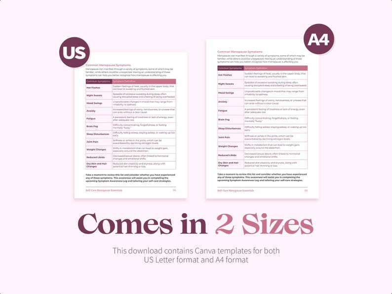 May include: A digital download with two printable documents listing common menopause symptoms. The documents are in US Letter and A4 sizes, with a pink and white colour scheme. The text "Comes in 2 Sizes" is also visible.
