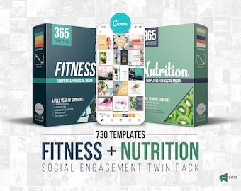 May include: Two boxes with 365 templates for social media, one for fitness and one for nutrition. The boxes are green and orange with white text. The boxes are on a white background with a phone showing a grid of social media posts. The text on the phone says "730 Templates Fitness + Nutrition Social Engagement Twin Pack".