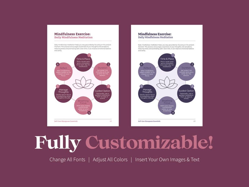 May include: Two pages of a mindfulness exercise guide with a floral design. The guide includes sections on time and place, duration, and managing thoughts. The text "Fully Customizable!" is displayed below.