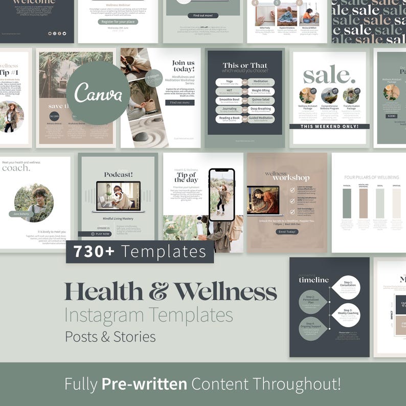730+ Health & Wellness Instagram Templates, Canva Posts, Stories, Carousels, Pre-Written Coach Content, Wellness Blogger Social Media Bundle image 1