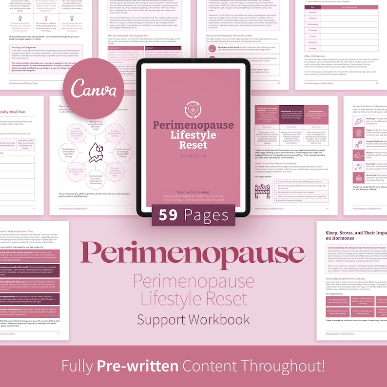 Perimenopause Lifestyle Reset Workbook, 59-Page Canva eBook, Hormone Health Wellness Plan, Health Coach Therapy Tool, Editable Journal image 1