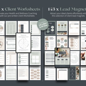 May include: A collection of client worksheets and lead magnets for health and wellness coaching. The image displays various templates, including charts, checklists, and diagrams, with the text "114 x Client Worksheets" and "143 x Lead Magnets". The documents are provided in US Letter and A4 sizes.