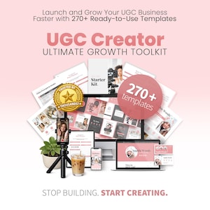 May include: A pink and white graphic promoting a UGC Creator Ultimate Growth Toolkit. The image includes a laptop, phone, and other digital devices, with the text "270+ templates" and "Trusted by Thousands!"