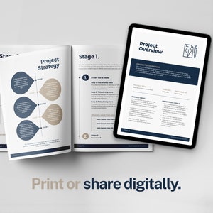 May include: A blue and white project overview template with the title "Project Overview" and a lightbulb icon. The template includes sections for project description, project brief, objectives and goals, and a section for start date.