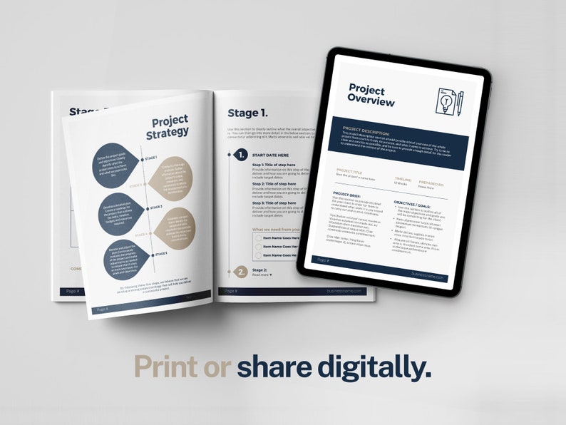 May include: A blue and white project overview template with the title "Project Overview" and a lightbulb icon. The template includes sections for project description, project brief, objectives and goals, and a section for start date.
