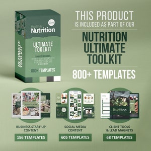 K&ouml;nnte beinhalten: Eine gr&uuml;ne Box mit dem Text "Health & Nutrition Ultimate Toolkit 800+ Templates" darauf. Die Box ist von drei kleineren Boxen umgeben, jede mit einem anderen Thema: "Business Start-Up Content 156 Templates", "Social Media Content 605 Templates" und "Client Tools & Lead Magnets 68 Templates".