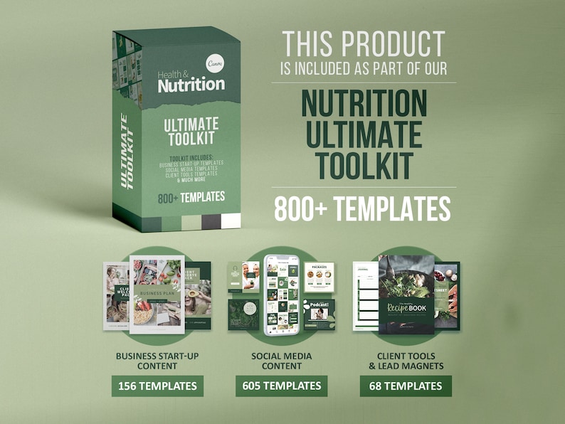K&ouml;nnte beinhalten: Eine gr&uuml;ne Box mit dem Text "Health & Nutrition Ultimate Toolkit 800+ Templates" darauf. Die Box ist von drei kleineren Boxen umgeben, jede mit einem anderen Thema: "Business Start-Up Content 156 Templates", "Social Media Content 605 Templates" und "Client Tools & Lead Magnets 68 Templates".