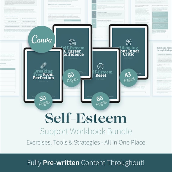 Self-Esteem Workbook Bundle, Self-Worth Worksheets, Confidence Building Coaching Tools, Self-Sabotage, Therapy Resource, Therapist CBT