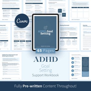 Arbetsbok för målsättning med ADHD, 65-sidig Canva e-bok för vuxna med ADHD, SMART-mål och ansvarsverktyg