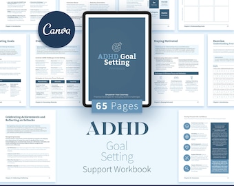 ADHD Goal Setting Workbook, 65-Page Adult ADHD Canva eBook, Executive Function & Therapy Tools, Coaching Planner, Editable Template