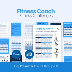 Könnte beinhalten: Eine Sammlung von Fitness-Challenge-Guides mit dem Text "Fitness Coach Fitness Challenges". Die Guides enthalten Trainingspläne wie "Forged by the Bell!" und "Booty Builder 30!". Das Canva-Logo und die Zahl "x10" sind ebenfalls sichtbar.