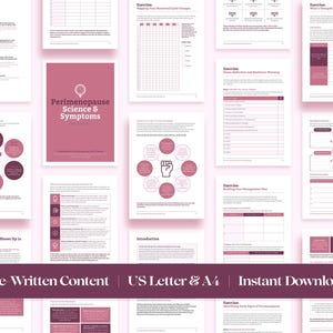Może przedstawiać: Drukowany zeszyt ćwiczeń w kolorze r&oacute;żowym i białym zatytułowany "Perimenopause Science & Symptoms" z tekstem "Pre-Written Content | US Letter & A4 | Instant Download". Zeszyt zawiera ćwiczenia i arkusze robocze, kt&oacute;re pomagają zrozumieć i zarządzać menopauzą.