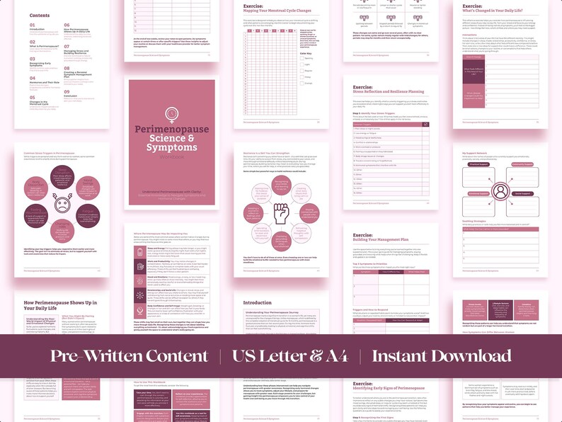 Może przedstawiać: Drukowany zeszyt ćwiczeń w kolorze r&oacute;żowym i białym zatytułowany "Perimenopause Science & Symptoms" z tekstem "Pre-Written Content | US Letter & A4 | Instant Download". Zeszyt zawiera ćwiczenia i arkusze robocze, kt&oacute;re pomagają zrozumieć i zarządzać menopauzą.