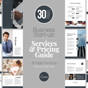 Peut inclure: Un modèle de guide de services et de tarification pour la création d'entreprise de 30 pages en noir et blanc avec un fond gris. Le modèle comprend des sections pour la rencontre de l'équipe, ce à quoi s'attendre, les services et les tarifs, les autres options de services, les options de forfaits, l'étude de cas et les services supplémentaires. Le modèle est conçu pour être utilisé avec Canva.