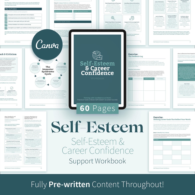 Career Confidence Workbook, Self-Esteem & Imposter Syndrome Canva Therapy Tools, Workplace Confidence Exercises, Editable eBook image 1