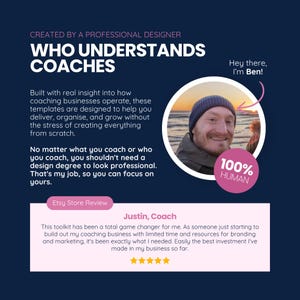 May include: A navy blue graphic with white text that reads "WHO UNDERSTANDS COACHES". The image includes a photo of a man and a customer review. The text says the toolkit is a game changer.