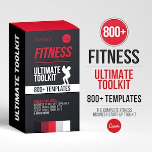 Op de afbeelding: Een rood-zwarte doos met de tekst "Fitness Ultimate Toolkit 800+ Templates" en een silhouet van een persoon die gewichten heft. De doos is gelabeld "Canva" en bevat de tekst "Toolkit Includes: Business Start-Up Templates, Social Media Templates, Client Tools Templates & Much More."