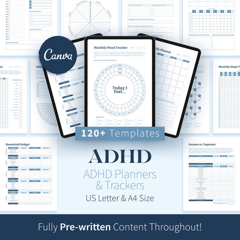 ADHD Planner and Tracker Canva Templates, Adult ADHD Coaching Tools image 1