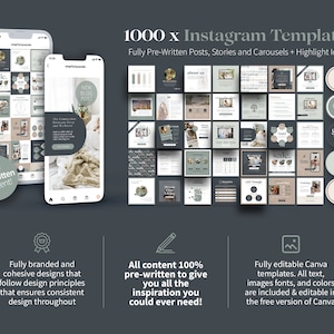 May include: A digital marketing graphic showcasing 1000 Instagram templates. The image displays two smartphones with sample posts and a grid of various post designs. Text includes "Fully Pre-written Content!" and "1000 x Instagram Templates". Additional text highlights design features.
