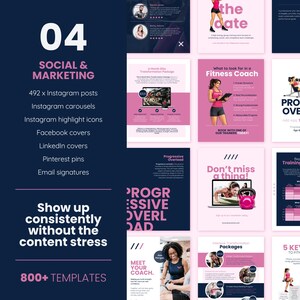 May include: A digital marketing template set with a dark blue and pink color scheme. The image includes templates for social media, including Instagram posts, carousels, and highlight icons. Text includes "Show up consistently without the content stress."
