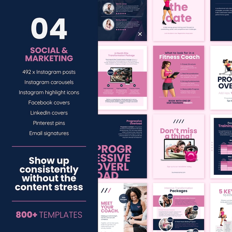May include: A digital marketing template set with a dark blue and pink color scheme. The image includes templates for social media, including Instagram posts, carousels, and highlight icons. Text includes "Show up consistently without the content stress."
